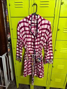 Anthropologie Pink Plaid  Robe with Floral Accents